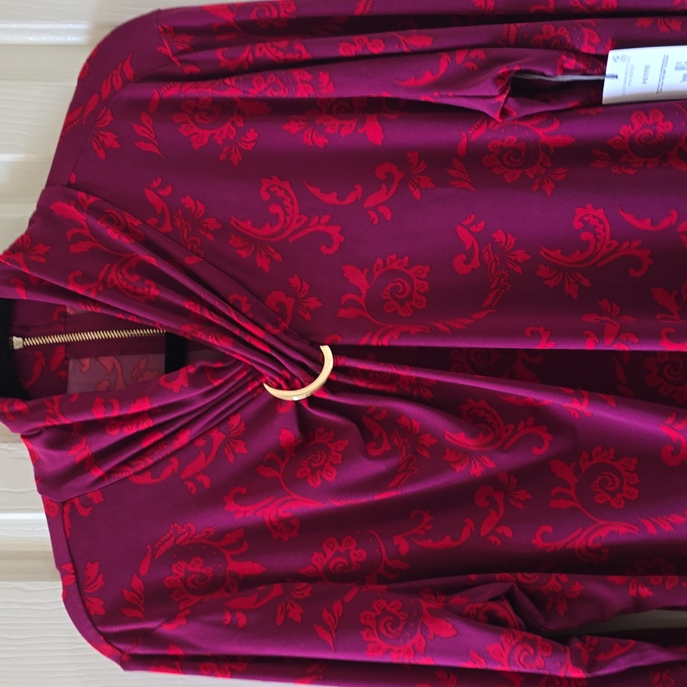 LIZ CLAIBORNE WOMEN'S PETITE LONG SLEEVES MAGENTA FANCY EMBELLISHED BLOUSE PXL - Picture 2 of 16